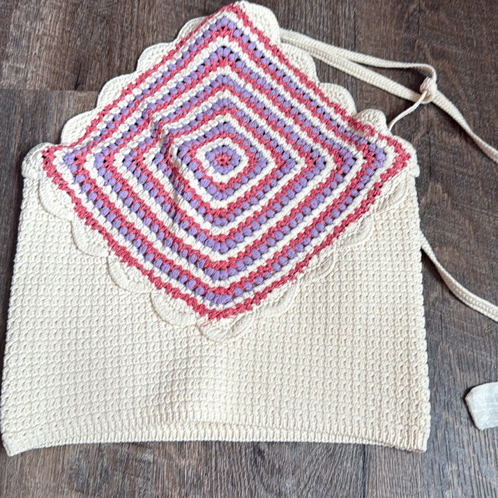 Sandro crotchet top, cream with purple and pink